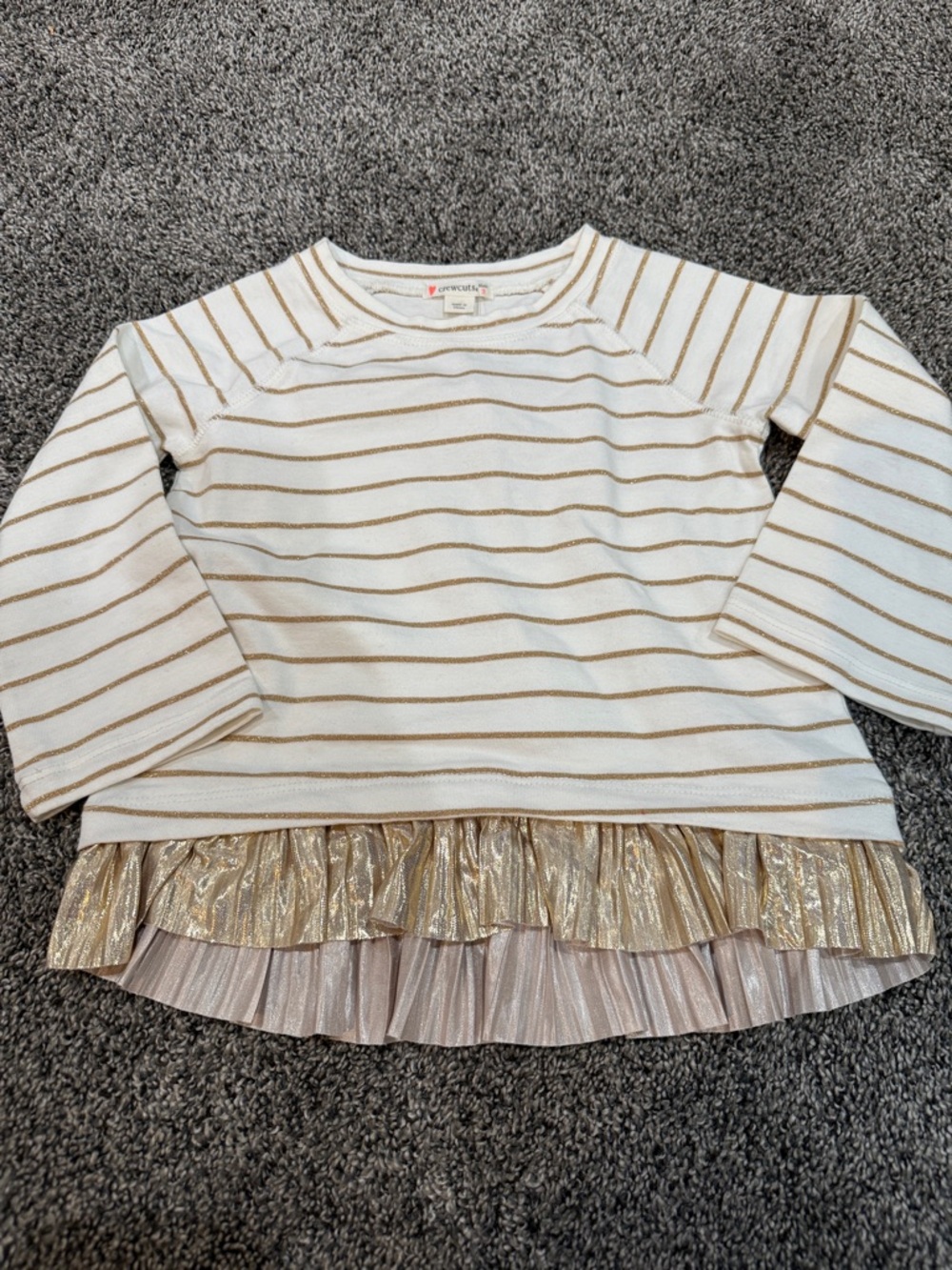 Crewcuts Cream & Gold Striped Long-Sleeve Top with Metallic Ruffle Hem. NWT